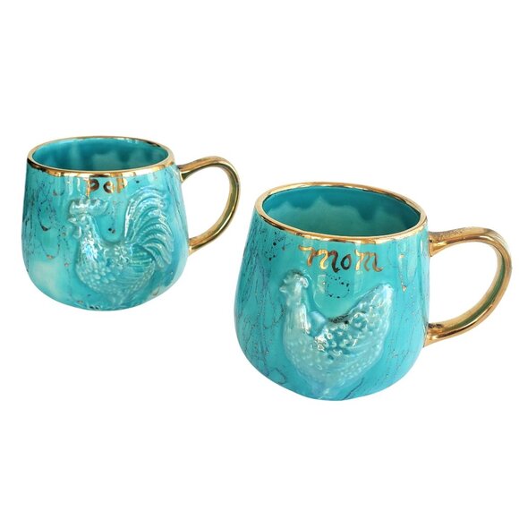 Kitsch Mugs 60s Vintage Ceramic Mom & Pop Rooster Hen Cups Turquoise Gold 24 oz - Picture 6 of 11